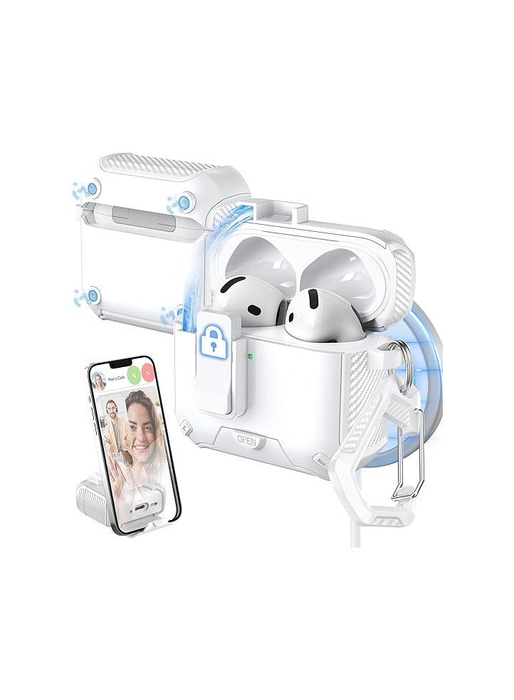Compatible with AirPods 4th Generation Case Cover, Compatible with, Magnetic Automatic Lock, Charging Port Dust-Proof & Stand Design  AirPods 4 Case 2024 (White) 