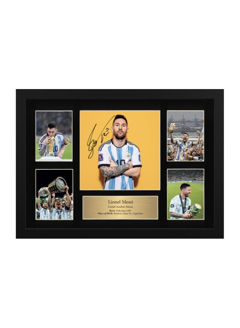 Lionel Messi Framed Poster 21x30 cm – Argentina World Cup Champion Collage with Printed Autograph, Football Memorabilia Wall Art, Soccer Gift for Fans