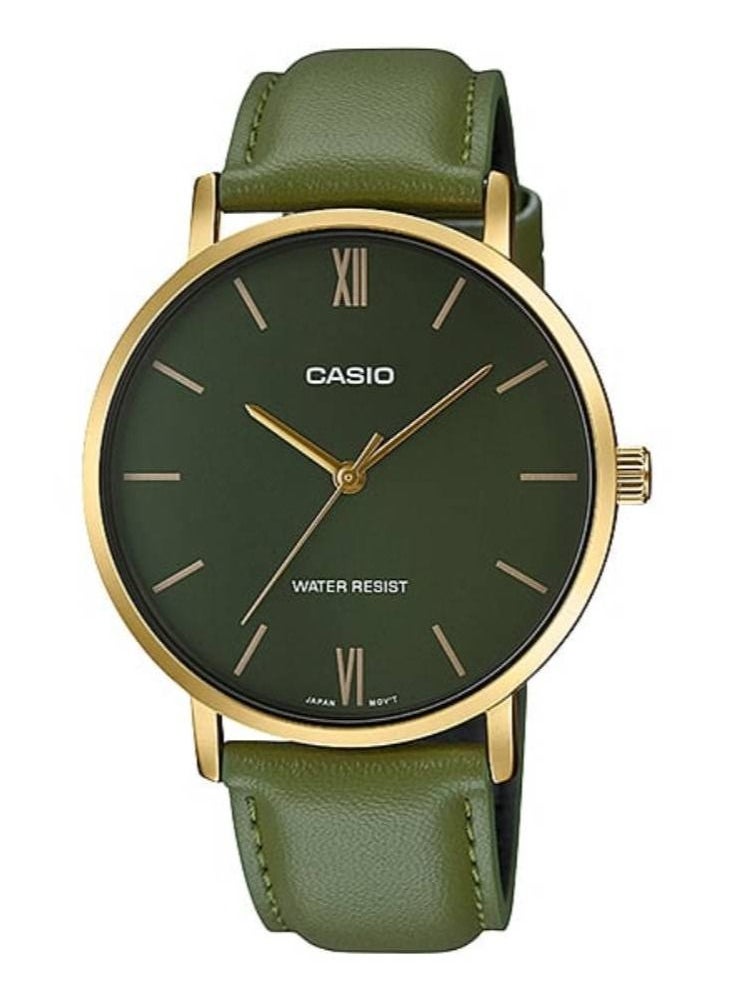 CASIO كاسيو حزام جلدي مقاوم للماء بمينا أخضر كوارتز - MTP-VT01GL-3BUDF - 40 ملم  - Image 1