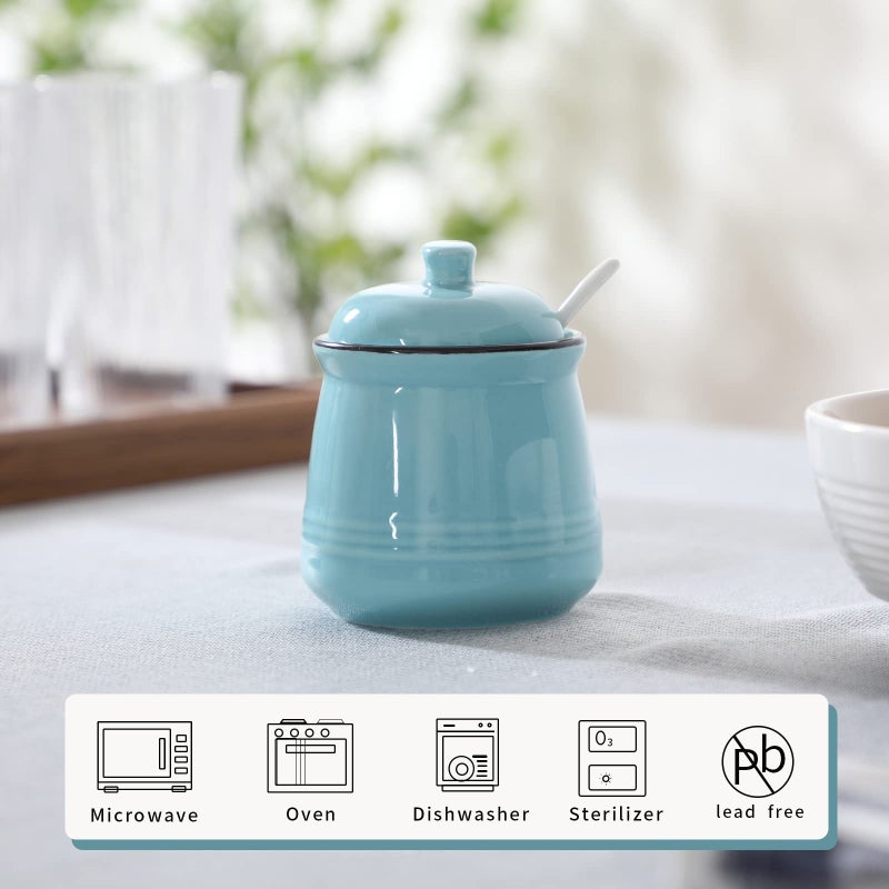HAOTOP Porcelain Salt Bowl with Lid and Spoon Ceramic Sugar Bowl 12oz (Turquoise) - Image 3