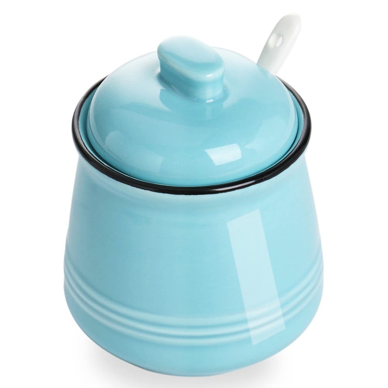 HAOTOP Porcelain Salt Bowl with Lid and Spoon Ceramic Sugar Bowl 12oz (Turquoise) - Image 2