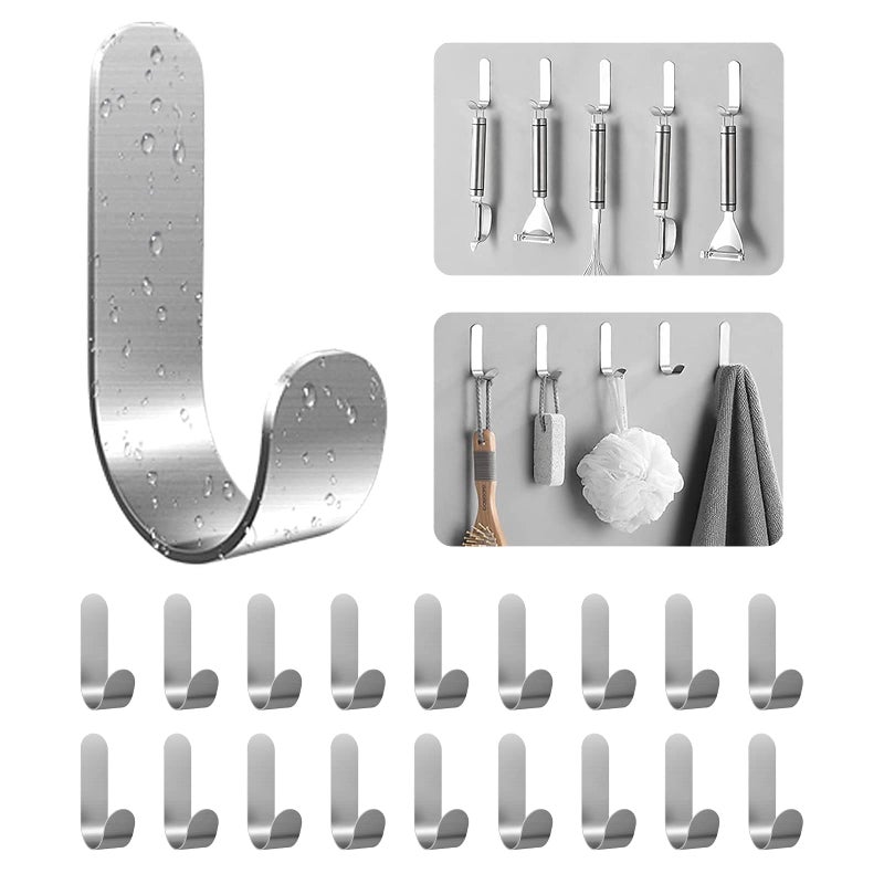 Self Adhesive Towel Hooks 304 Stainless Steel Heavy Duty Shower Hook for Bathroom Kitchen Living Room and Hotel to Hang Towels Keys Bags and Hats 20 Pack