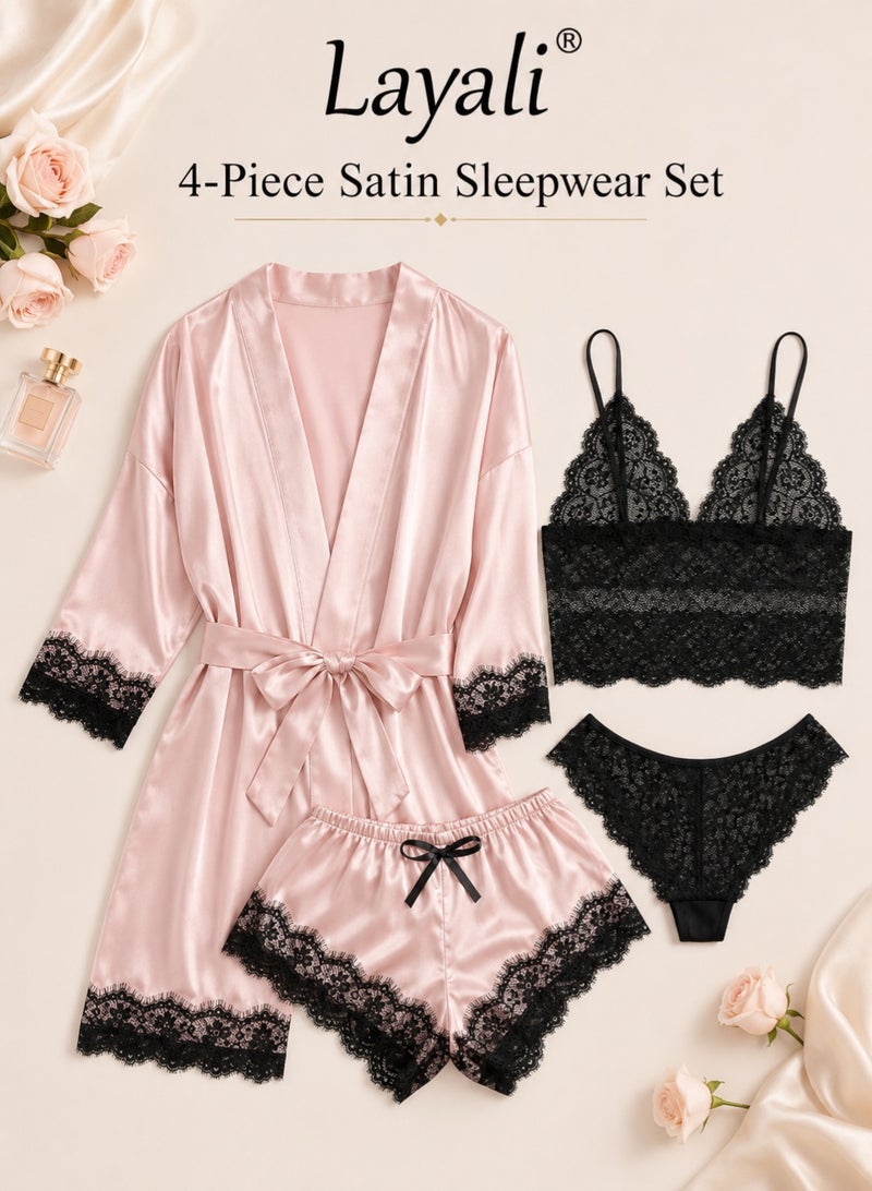 Layali 4 Pack Women's Nightwear Set, Lace Trimmed Lightweight Silk Satin Sleepwear Pajama, Ladies Summer Breathable Home Wearing Clothes Suits (Underwear + Panties + Robe + Shorts) Pink and Black - Image 1