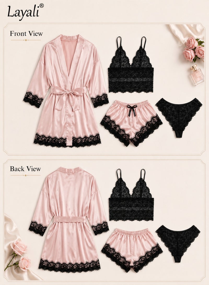 Layali 4 Pack Women's Nightwear Set, Lace Trimmed Lightweight Silk Satin Sleepwear Pajama, Ladies Summer Breathable Home Wearing Clothes Suits (Underwear + Panties + Robe + Shorts) Pink and Black - Image 2