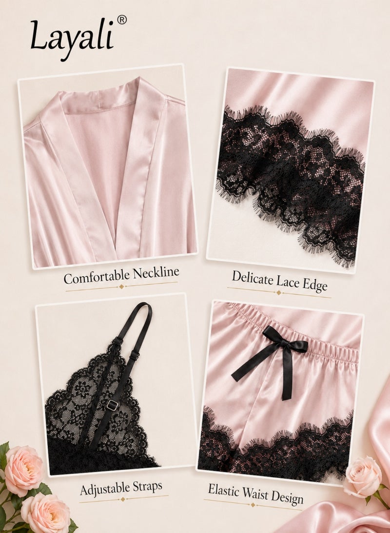 Layali 4 Pack Women's Nightwear Set, Lace Trimmed Lightweight Silk Satin Sleepwear Pajama, Ladies Summer Breathable Home Wearing Clothes Suits (Underwear + Panties + Robe + Shorts) Pink and Black - Image 4