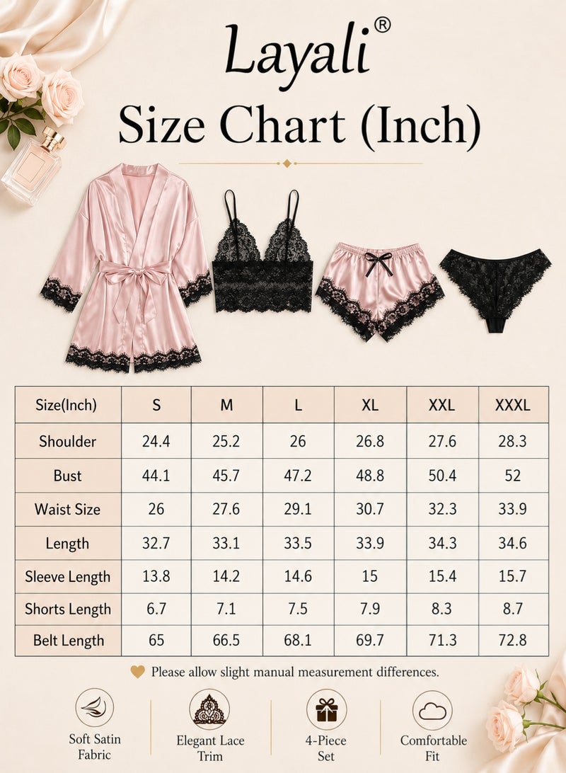 Layali 4 Pack Women's Nightwear Set, Lace Trimmed Lightweight Silk Satin Sleepwear Pajama, Ladies Summer Breathable Home Wearing Clothes Suits (Underwear + Panties + Robe + Shorts) Pink and Black - Image 5