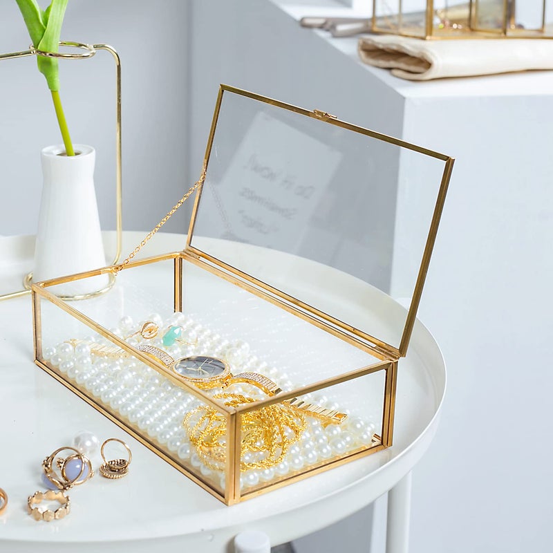 Levilan Golden Vintage Glass Lidded Box Edge Bracelet Keepsake Decorative Jewelry Display Personalized Large Clear Rectangle Box Rings Bracelet Golden Organizer Home Decor (8x4.5x2in) - Image 5