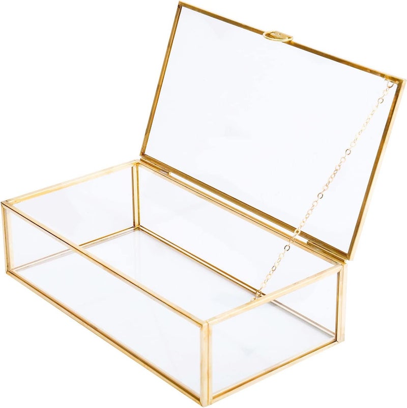 Levilan Golden Vintage Glass Lidded Box Edge Bracelet Keepsake Decorative Jewelry Display Personalized Large Clear Rectangle Box Rings Bracelet Golden Organizer Home Decor (8x4.5x2in) - Image 1