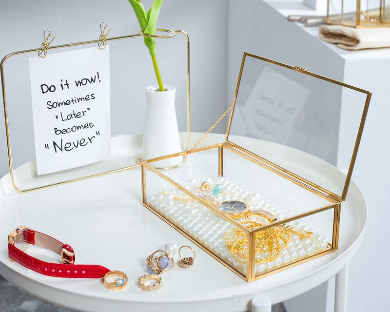 Levilan Golden Vintage Glass Lidded Box Edge Bracelet Keepsake Decorative Jewelry Display Personalized Large Clear Rectangle Box Rings Bracelet Golden Organizer Home Decor (8x4.5x2in) - Image 2