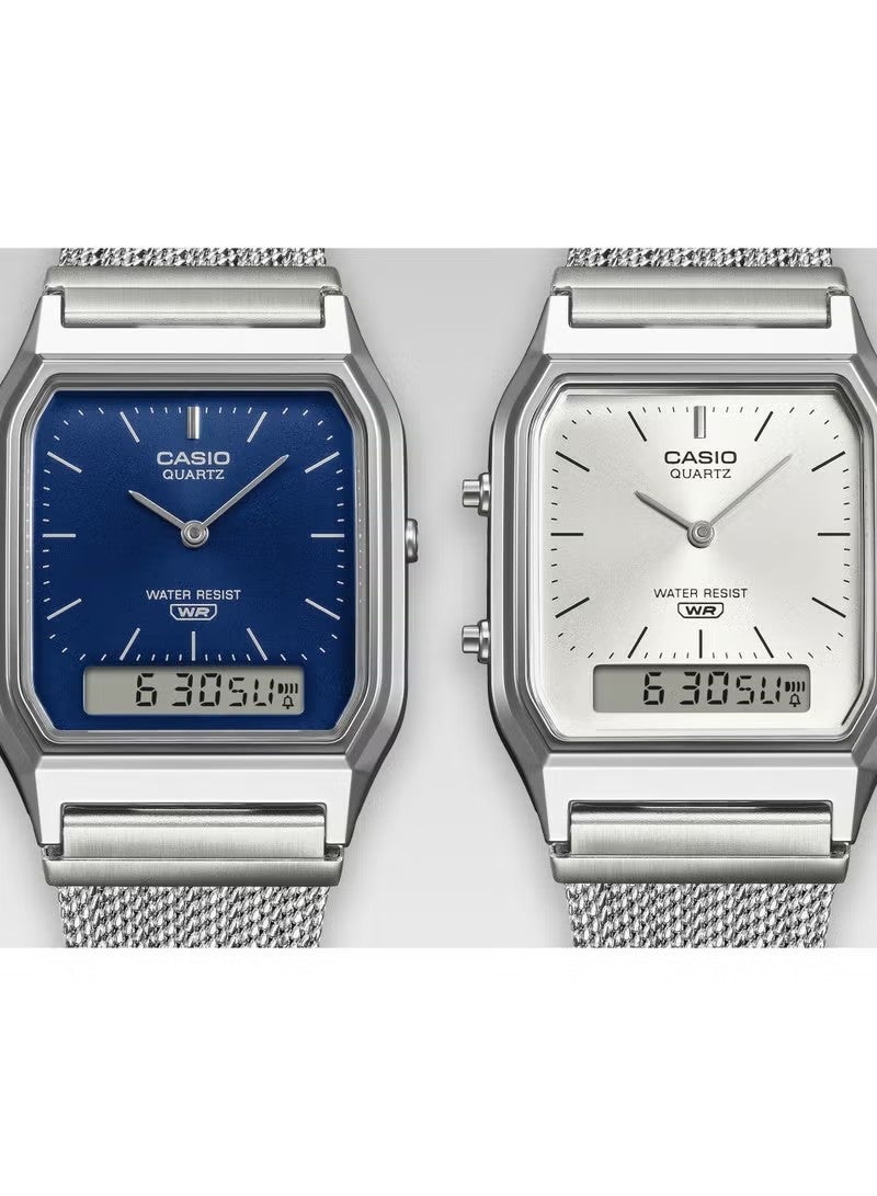 Casio Vintage Unisex Watch AQ-230EM-2ADF, 38.8mm Navy Blue Analog-Digital Dial, Chrome-Plated Resin Case & Stainless Steel Mesh Bracelet, Water-Resistant - Image 5