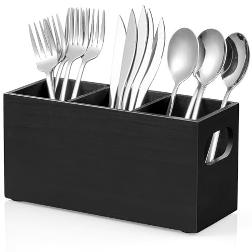 DRASTAR Silverware Holder, Wooden Utensil Caddy, Silverware Organizer Countertop, Cutlery Holder for Party, Fork Spoon Knife Organizer，Black - Image 1