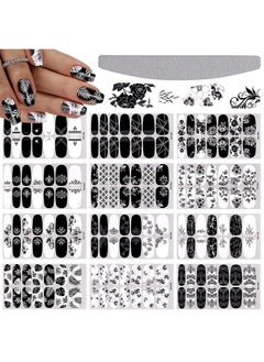 EBANKU 12 Sheets Black White Nail Polish Strips Wraps Full Wrap Adhesive Nail Polish Stickers With 1 Nail File Leaves Flower Vine Pattern Nail Wrap Stickers For Women Nail Art Decorations  - Image 1