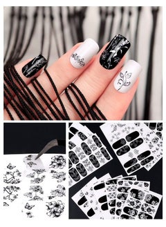 EBANKU 12 Sheets Black White Nail Polish Strips Wraps Full Wrap Adhesive Nail Polish Stickers With 1 Nail File Leaves Flower Vine Pattern Nail Wrap Stickers For Women Nail Art Decorations  - Image 4