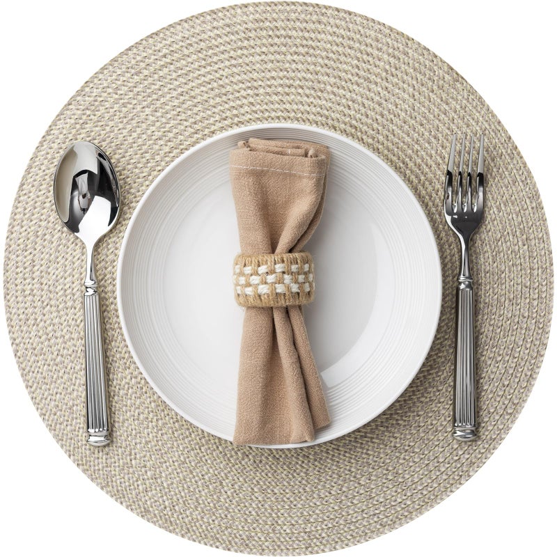 Baroyal Round Placemats Set of 4 Plastic Woven Placemats Washable Wipeable Table Mats for Dining Table Heat Resistant Non-Slip Circle Place Mats (Beige-Brown) - Image 1