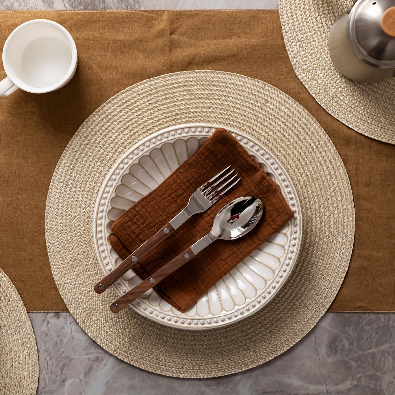 Baroyal Round Placemats Set of 4 Plastic Woven Placemats Washable Wipeable Table Mats for Dining Table Heat Resistant Non-Slip Circle Place Mats (Beige-Brown) - Image 2