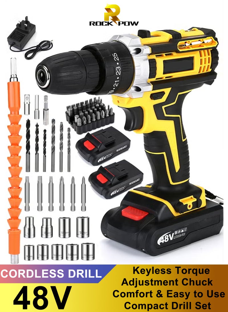 Rock Pow 48V Cordless Drill, Two Li-Ion Batteries and Fast Charger, 3/8" Drill Kit, 25+3 Position Clutch, LED Work Light, Variable Speed ​​Drill, 186 lbs of Torque, 24 Accessories + 32-Piece Drill Bit Box - Image 1