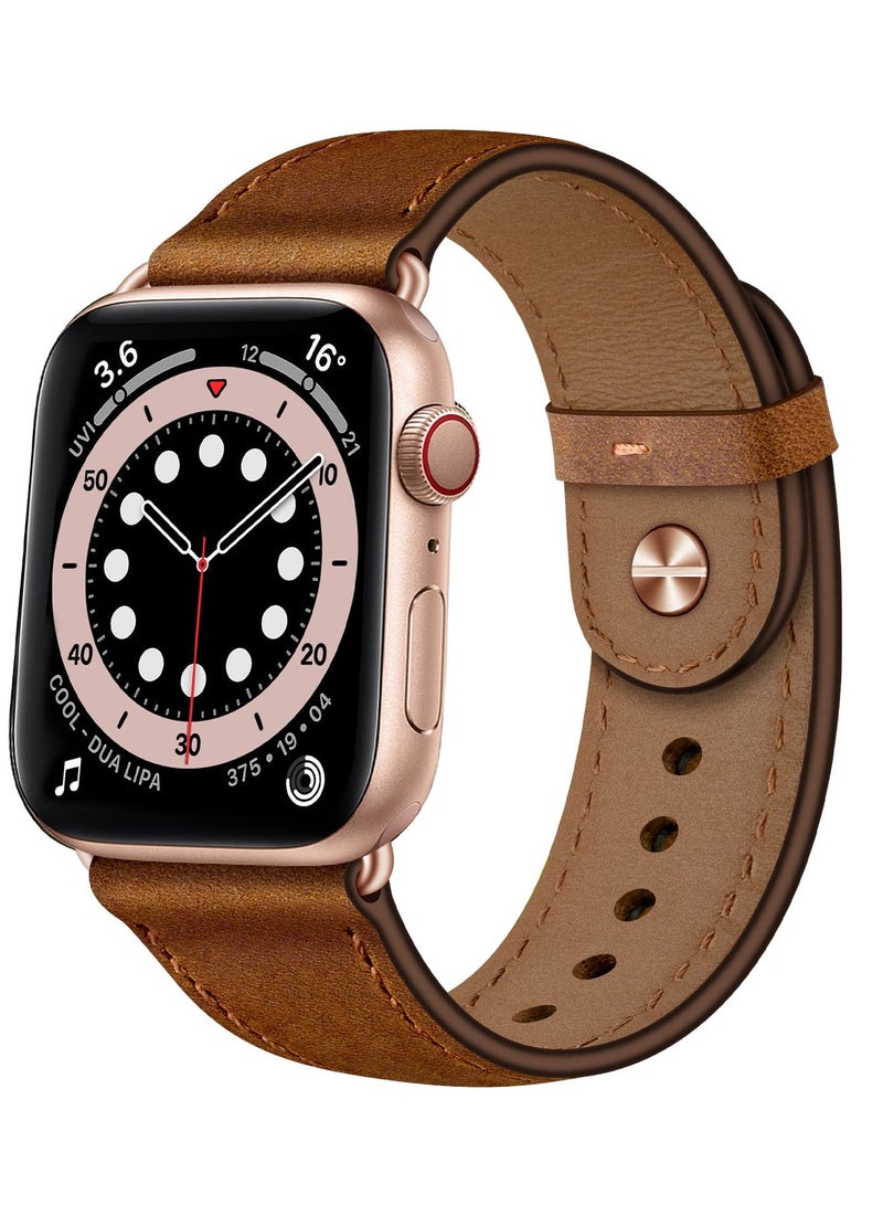 Stylish Genuine Leather Apple Watch Band for Women, Compatible with 49mm, 45mm, 44mm, 42mm Models, Brown with Rose Gold Clasp, Fits Ultra 2/1, SE, Series 9/8/7 - Image 1