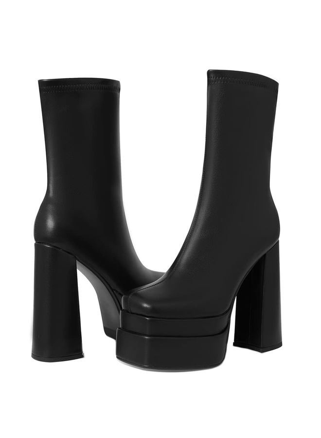 Mattiventon Platform Knee High Boots for Women Chunky Heel Square Toe Boots Side Zip Stretch Gogo Boots, A-black Pu, 8 - Image 1