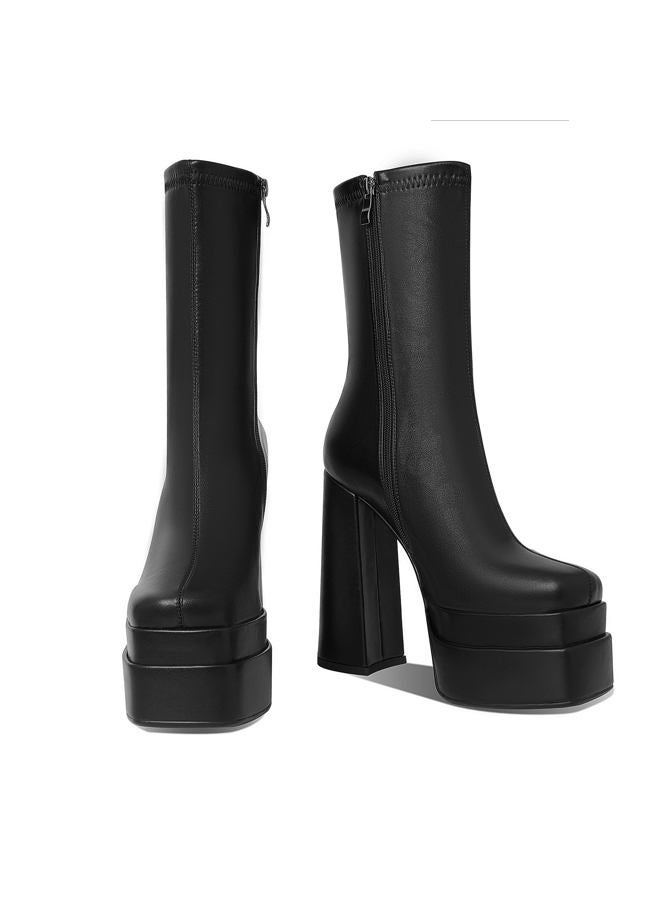 Mattiventon Platform Knee High Boots for Women Chunky Heel Square Toe Boots Side Zip Stretch Gogo Boots, A-black Pu, 8 - Image 5