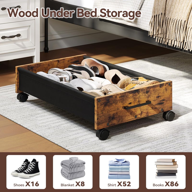 FOUCSSOMEI Under Bed Storage with Wheels, Wooden Under Bed Drawers On Wheels, Rolling Under Bed Shoe Storage, Space Saving, Rustic Brown,30L - Image 2