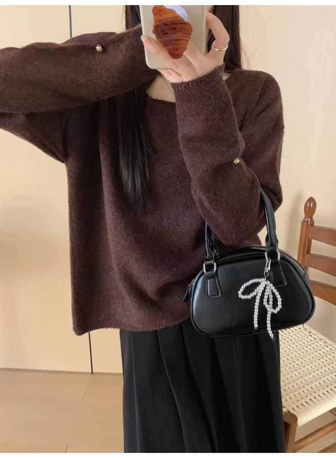 Leyuan Autumn And Winter Wear Long Sleeve Outerwear Knitwear Top High-end Sense Red Round Neck Pullover Women's Sweater Coat - Image 3
