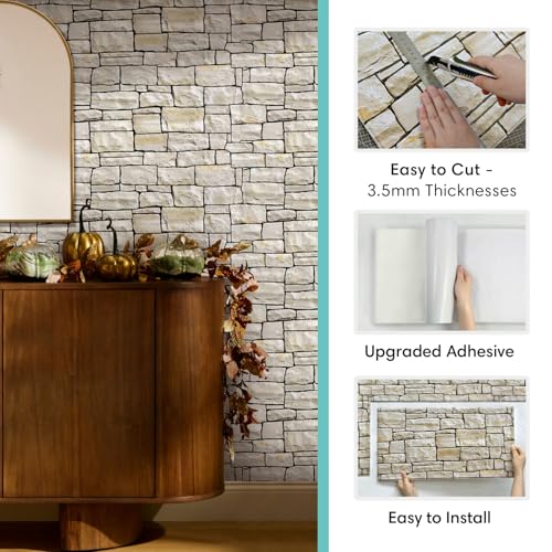 Commomy 12 pcs Faux Stone 3D Wall Panels Peel and Stick - 22.8" x 11.8" Thin & UrltraLight Stone Textured Wall Panel for Interior Tile Kitchen, Bedroom,Living Room,TV Background,RV - Image 4