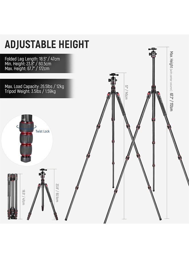 NEEWER 66"/168cm Carbon Fiber Tripod for Camera with 360° Panorama Ball Head, 1/4" Arca QR Plate, Portable Bag, Compact Travel Tripod Monopod for DSLR Video Camcorder, Max Load 26.5lb/12kg, N55C - Image 3