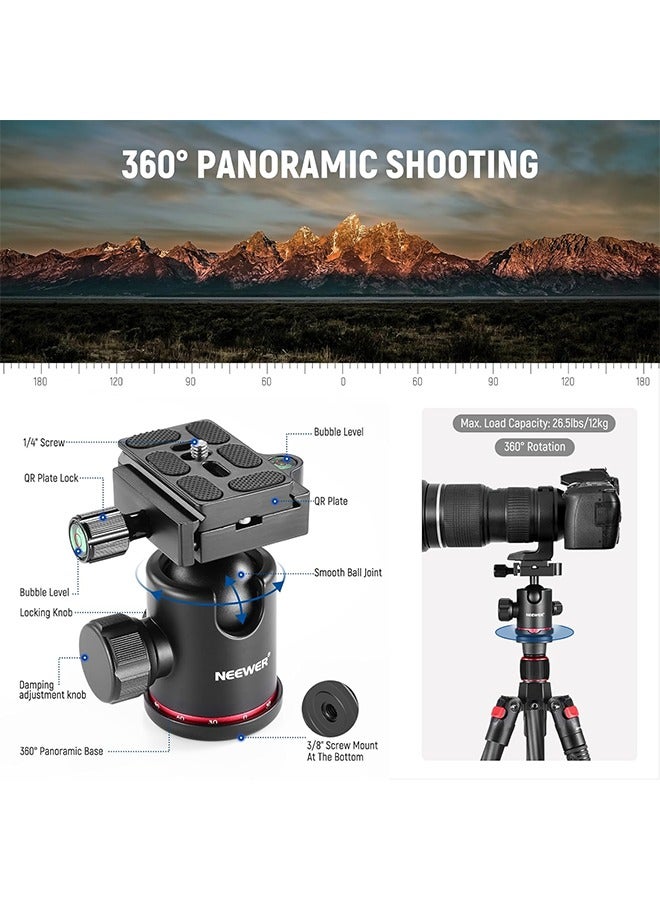 NEEWER 66"/168cm Carbon Fiber Tripod for Camera with 360° Panorama Ball Head, 1/4" Arca QR Plate, Portable Bag, Compact Travel Tripod Monopod for DSLR Video Camcorder, Max Load 26.5lb/12kg, N55C - Image 4