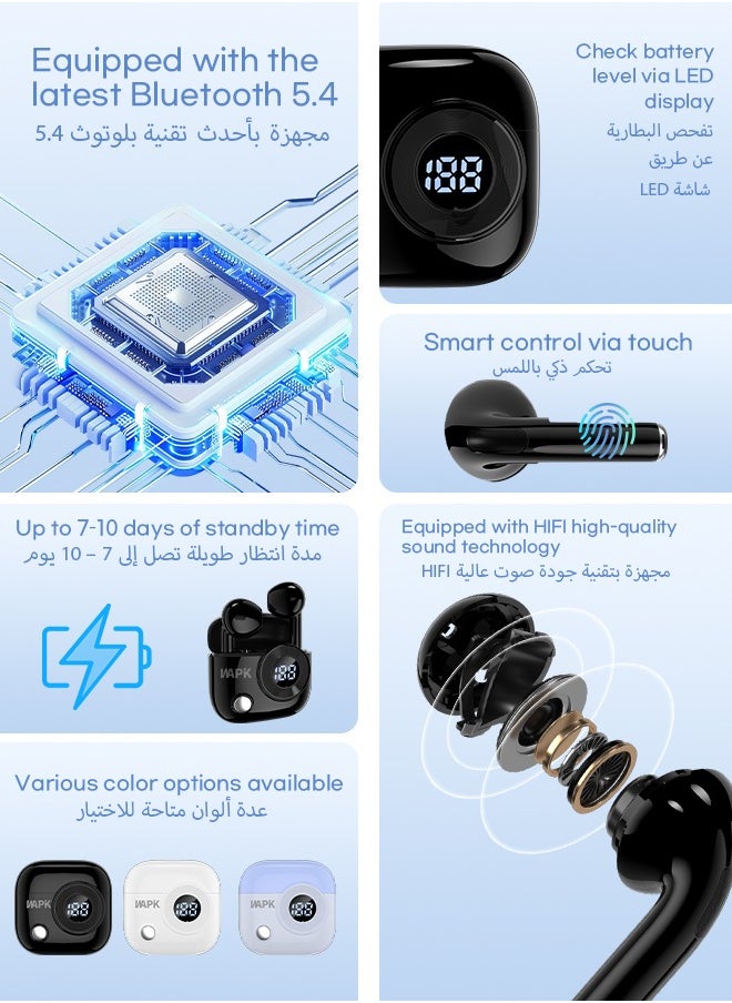 WAPIK - Korean Brand R6 True Wireless Earbuds Bluetooth 5.4, 40H Playtime, 10Min Fast Charge, ENC 4-Mic Clear Calls, Touch Control, IPX6 Waterproof, Immersive Sound, Lightweight In-Ear Headphones - Image 1