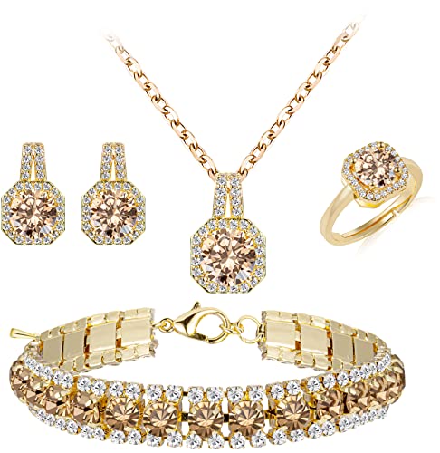 Paxuan 4pcs Cubic Zirconia Wedding Jewelry Sets for Bride Bridesmaid Cubic Zirconia Pendant Necklace Earrings Link Tennis Bracelet Open Ring Set for Women - Image 1