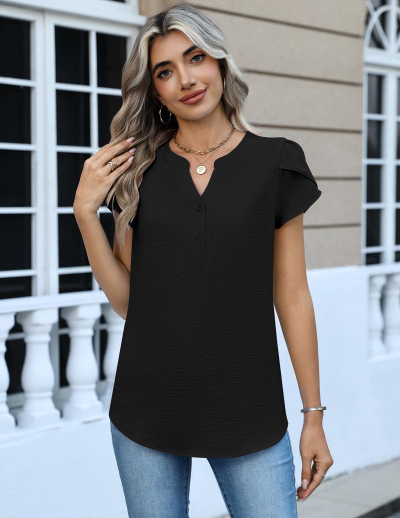 Zeagoo Summer Outfits for Women Short Sleeve Dressy Casual Blouses 2026 Fashion Button Up Spring Shirts Business Work Top Black - Image 5