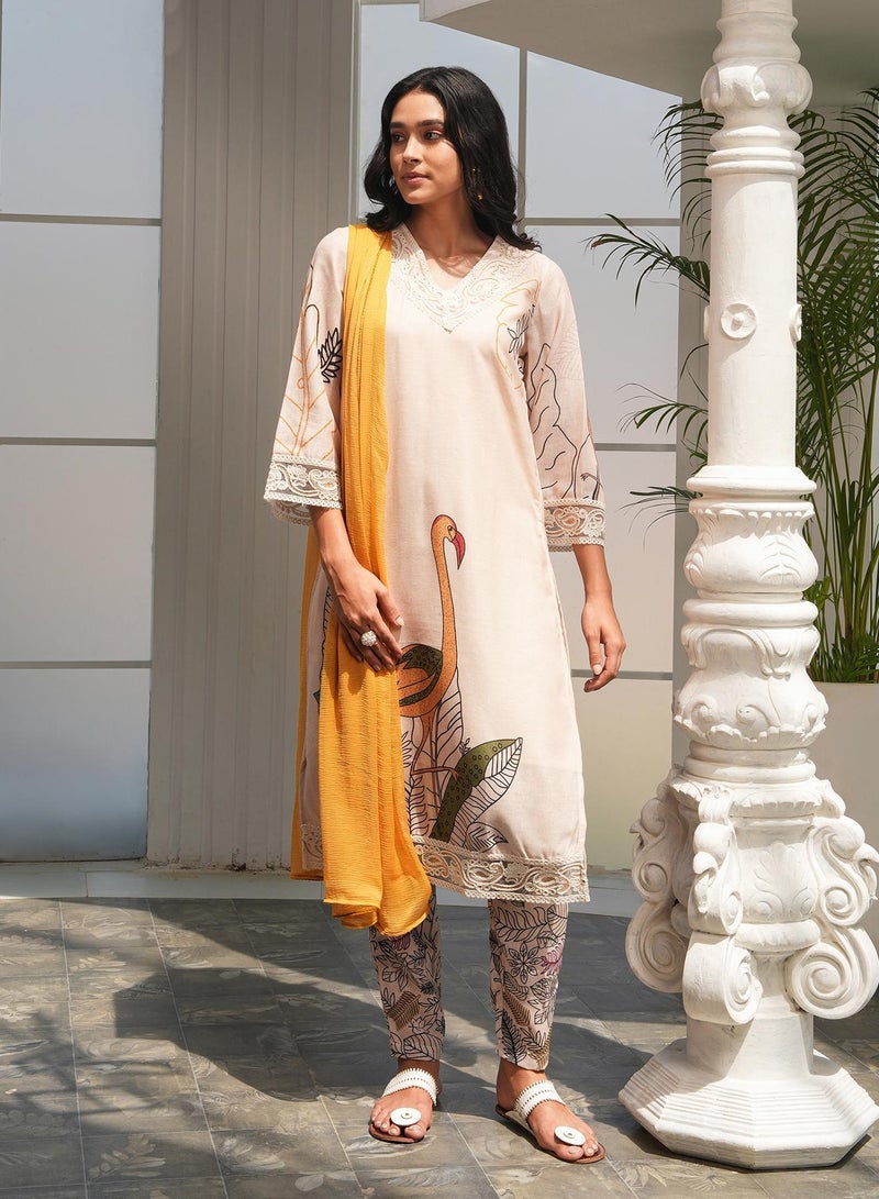 QISSA Women's Off-White Swané Imprint Kurta Set - Image 5