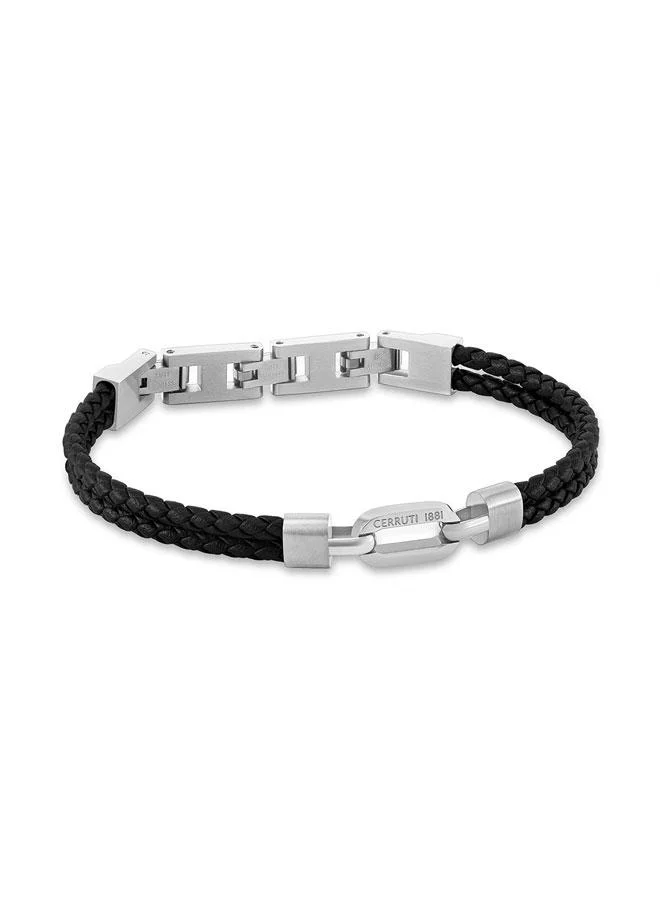 CERRUTI 1881 Tommaso Stainless Steel Black Double Layered Braided Leather Bracelet for Men 180mm