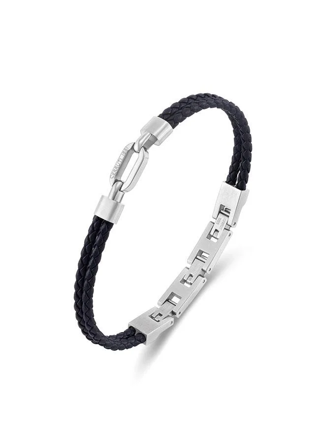 CERRUTI 1881 Tommaso Stainless Steel Black Double Layered Braided Leather Bracelet for Men 180mm
