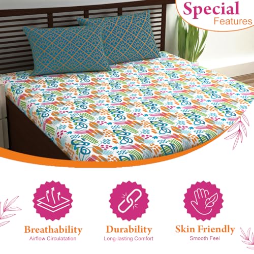 Divine Casa 144 TC Cotton Bedsheet King Size Bed, King Size Bedsheet with 2 Pillow Covers (Size 270 X 270 cm, Abstract, Teal & Mustard) - Image 4