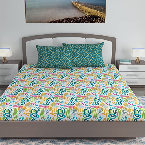 Divine Casa 144 TC Cotton Bedsheet King Size Bed, King Size Bedsheet with 2 Pillow Covers (Size 270 X 270 cm, Abstract, Teal & Mustard) - Image 2