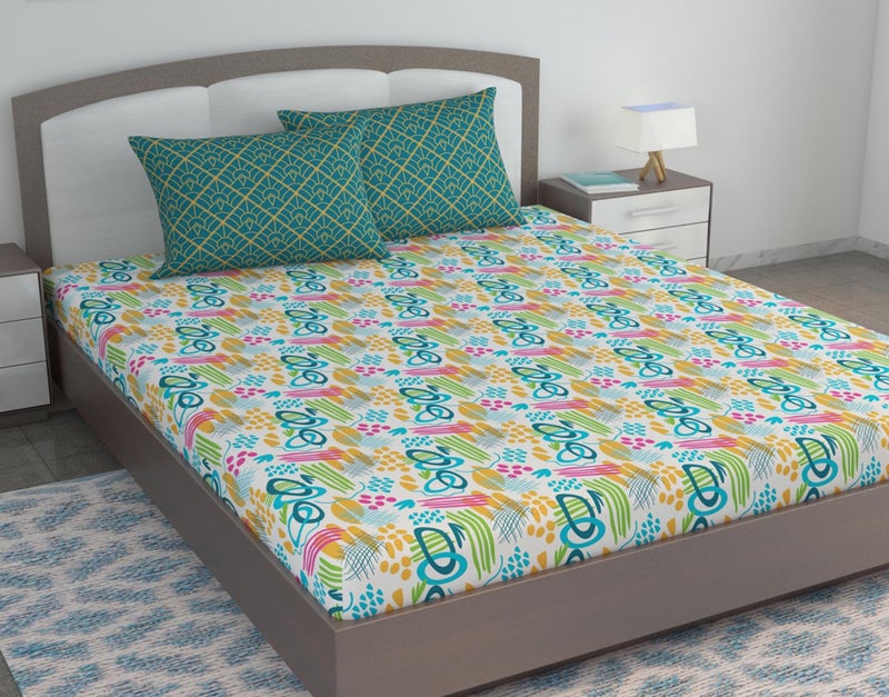 Divine Casa 144 TC Cotton Bedsheet King Size Bed, King Size Bedsheet with 2 Pillow Covers (Size 270 X 270 cm, Abstract, Teal & Mustard) - Image 1