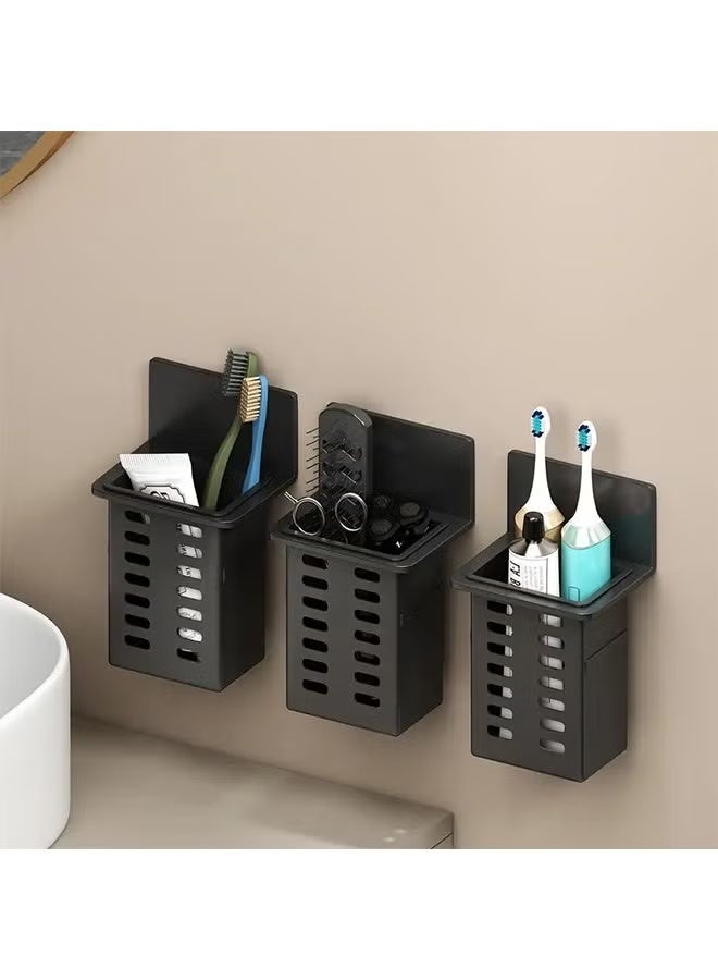 حامل فرشاة ومعجون أسنان ثلاثي القطع مثبت على الحائط، رف تخزين غرفة الغسيل القوي اللاصق، فرشاة أسنان غرفة الحمام متعددة الوظائف رف التخزين، سهل التركيب، ثقب ثقب حر، حامل فرشاة أسنان أسود - Image 1