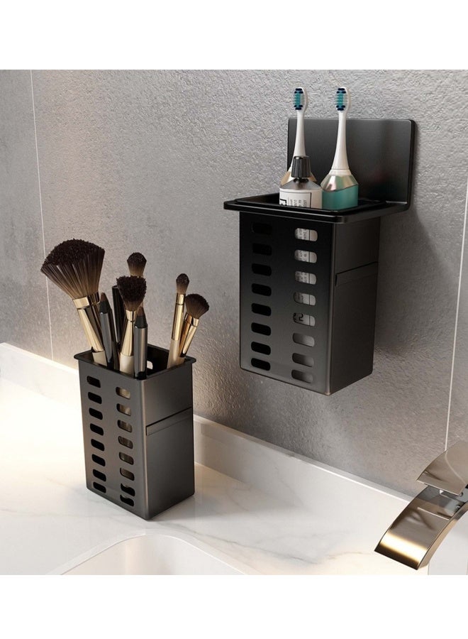 حامل فرشاة ومعجون أسنان ثلاثي القطع مثبت على الحائط، رف تخزين غرفة الغسيل القوي اللاصق، فرشاة أسنان غرفة الحمام متعددة الوظائف رف التخزين، سهل التركيب، ثقب ثقب حر، حامل فرشاة أسنان أسود - Image 3