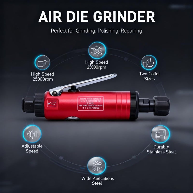 Air Die Grinder 25000rpm 90PSI Straight Pneumatic with 3mm 6mm Collet, Stainless Steel - High Speed Stable Operation, Adjustable Air Intake, Ideal for Metal Polishing and Grindin (type 1) - Image 5