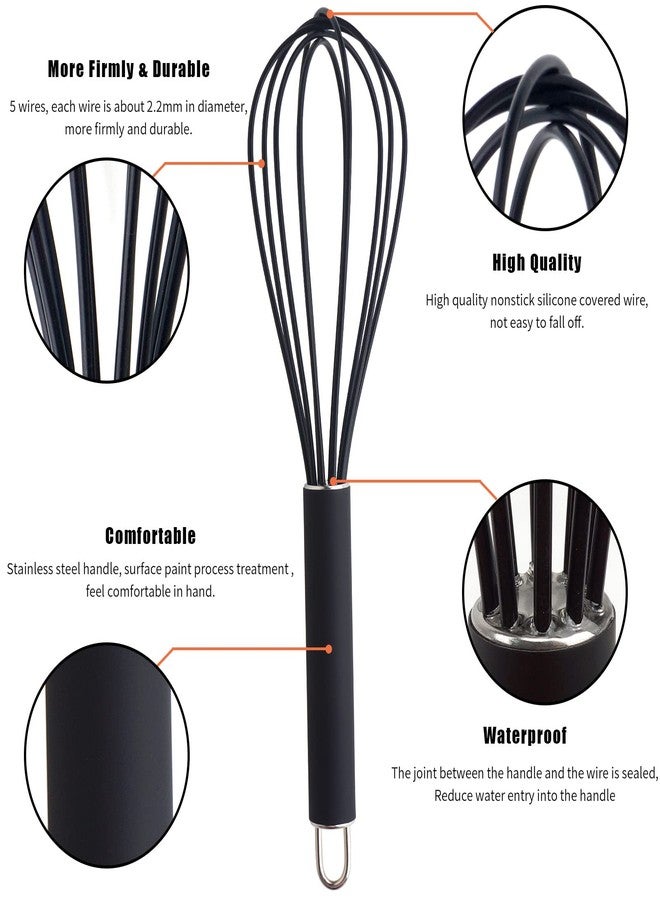 GorGin high temperature and easy to clean silicone whisk, stirrer, 10 inch, grip good grip design for Blending Whisking Beating Stirring Cooking Baking (1 Pack | black) - Image 2