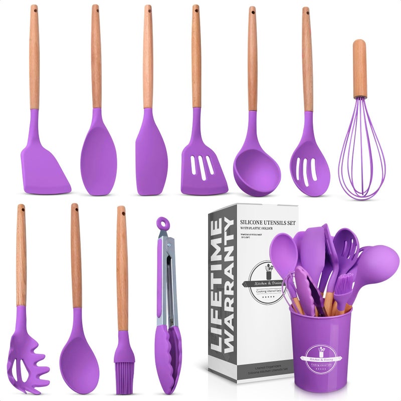 V TOWER 12 Pcs Purple Kitchen Utensils Set with Holder â€“ Versatile Silicone Utensils Set for Cooking and Baking, Gentle on Pots and Pans, Heat-Resistant, Stylish, Easy to Clean, Purple Kitchen Accessories - Image 1