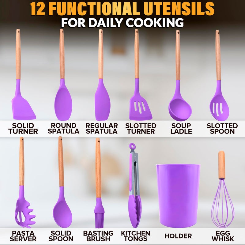 V TOWER 12 Pcs Purple Kitchen Utensils Set with Holder â€“ Versatile Silicone Utensils Set for Cooking and Baking, Gentle on Pots and Pans, Heat-Resistant, Stylish, Easy to Clean, Purple Kitchen Accessories - Image 2