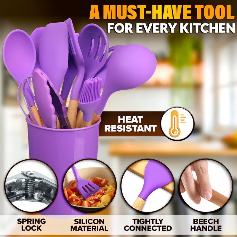 V TOWER 12 Pcs Purple Kitchen Utensils Set with Holder â€“ Versatile Silicone Utensils Set for Cooking and Baking, Gentle on Pots and Pans, Heat-Resistant, Stylish, Easy to Clean, Purple Kitchen Accessories - Image 3
