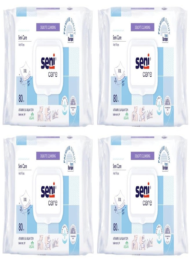 Seni Care wet wipes for Adults | for sensitive skin |with vitamin E and allantoin| nourishes skin | vegan | balanced PH | delicate |dermatologically tested | ready to use bath wipes | white | Size XXL | Pack of 4 | Total 320 Pcs - Image 1