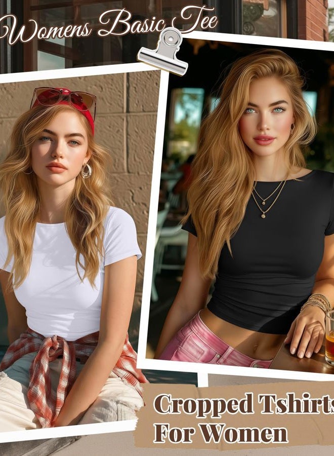 Riyiper 3 Pcs Women's Short Sleeve Crop Tops, Boat Neck Slim Fitted Cropped Shirts Workout Basic Tops (Black, White, Dark Gray,Medium) - Image 4