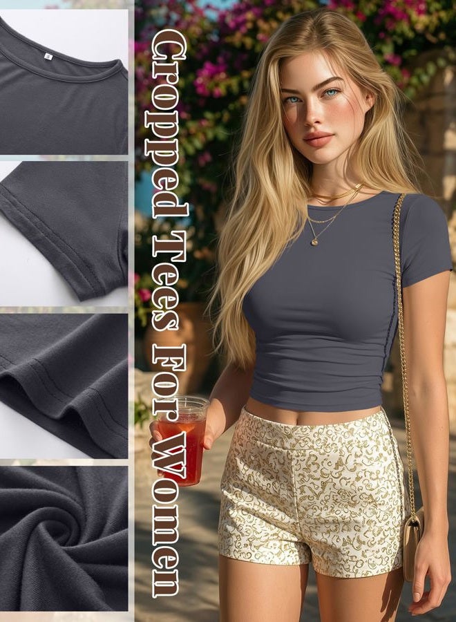 Riyiper 3 Pcs Women's Short Sleeve Crop Tops, Boat Neck Slim Fitted Cropped Shirts Workout Basic Tops (Black, White, Dark Gray,Medium) - Image 3