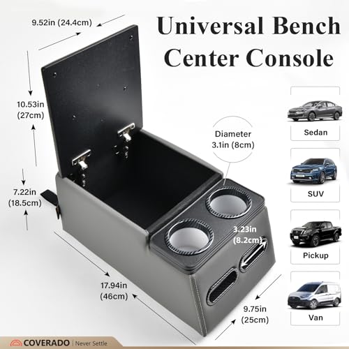 Coverado Car Center Console, Universal Bench Seat Center Consoles, Center Console for Van, Back Seat Storage Box, Rear Seat Car Console Organizer with Cup Holder, Central Armrest Box (Regular, Gray) - Image 4