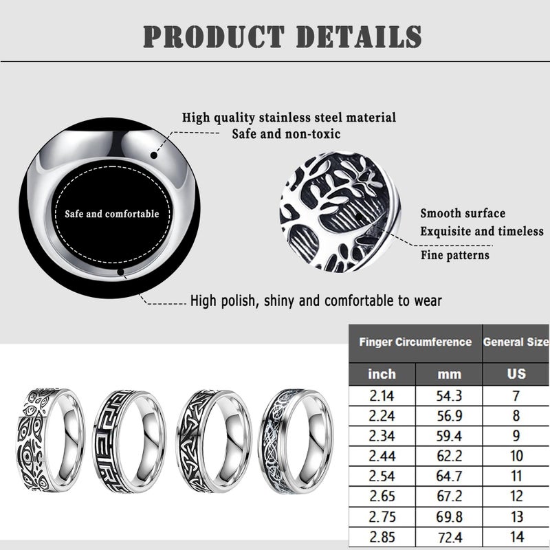 EIELO 8Pcs Stainless Steel Vintage Rings for Men Greek Signet Thumb Silvery Retro Carving Celtic Band Vintage Biker Band Rings Set Edge Mens Rings Jewelry 12 - Image 4