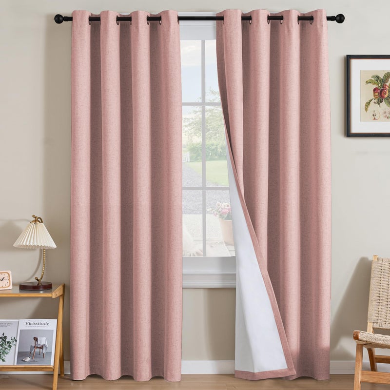 H.VERSAILTEX Linen Curtains 100% Blackout Curtains for Bedroom 96 inch Long Full Light Blocking Nature Linen Blended Window Curtains for Living Room Nickel Grommet (2 Panels  Heathered Baby Pink) - Image 1